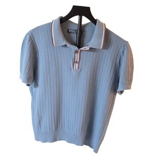 PJ Paul Jones Mens Blue Textured Knit Polo Shirt Short Sleeve Retro Chevron M